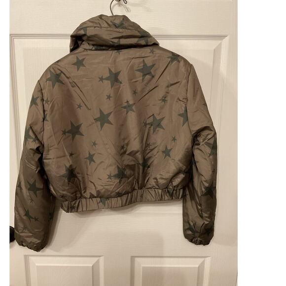 Joujou Cropped Olive Green Stars Orange Lining Puffer Coat Jacket, M - Picture 5 of 5